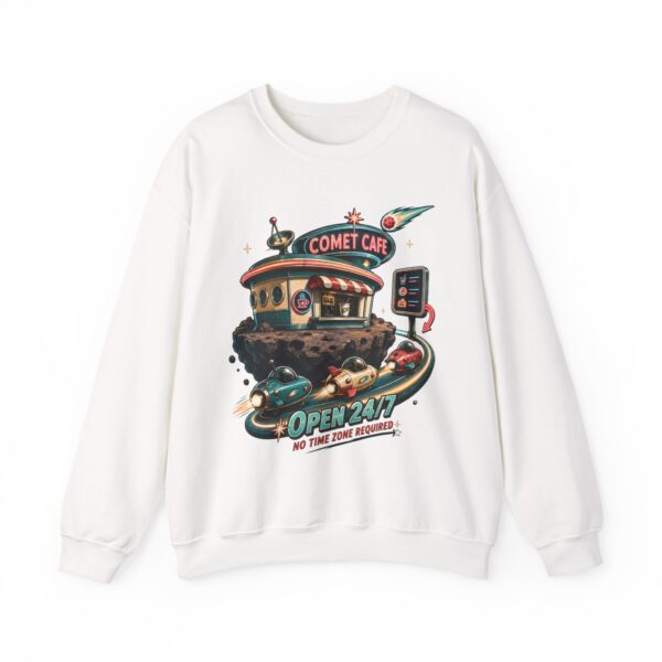 Comet Café Crewneck Sweatshirt — Retro Space Diner “Open 24/7” Graphic