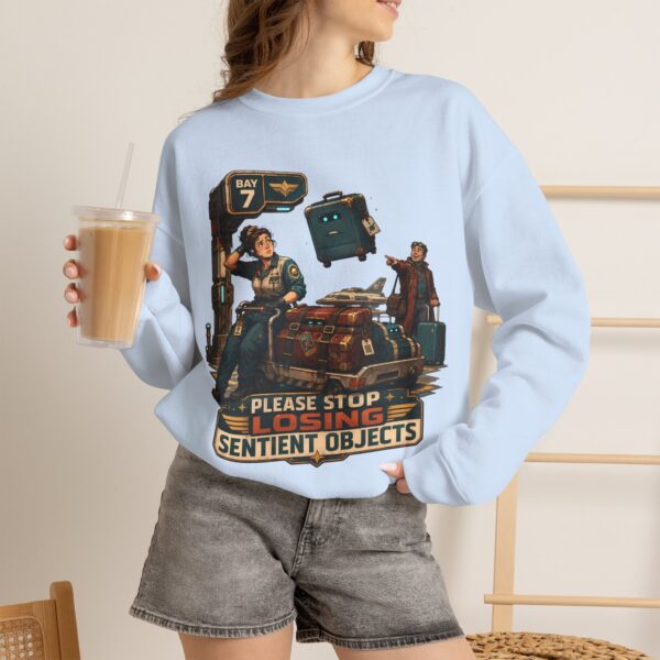 Please Stop Losing Sentient Objects Crewneck Sweatshirt — Retro Sci‑Fi Graphic
