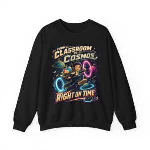 Classroom to Cosmos Crewneck Sweatshirt — Science Teacher Space Design (“Right On Time”)