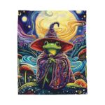 Mystic Frog Wizard Velveteen Plush Blanket — Moonlit Mushroom Forest Throw