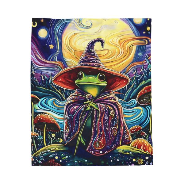 Mystic Frog Wizard Velveteen Plush Blanket — Moonlit Mushroom Forest Throw