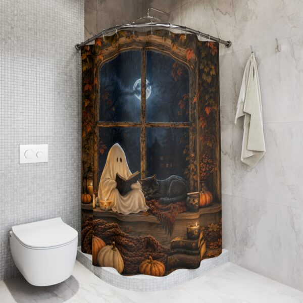 Halloween Ghost Shower Curtain — Cozy Spooky Night Bath Decor