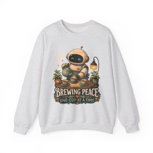 Brewing Peace Robot Sweatshirt — "Brewing Peace One Cup at a Time" Cozy Crewneck