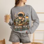 Brewing Peace Robot Sweatshirt — "Brewing Peace One Cup at a Time" Cozy Crewneck