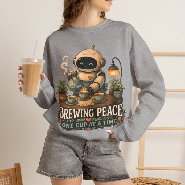 Brewing Peace Robot Sweatshirt — "Brewing Peace One Cup at a Time" Cozy Crewneck