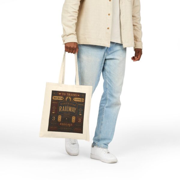 Railway Vintage Sign Tote Bag — Retro Train Station Canvas Tote antique train station signage, with bold directional typography, weathered enamel textures, and classic rail-era layou