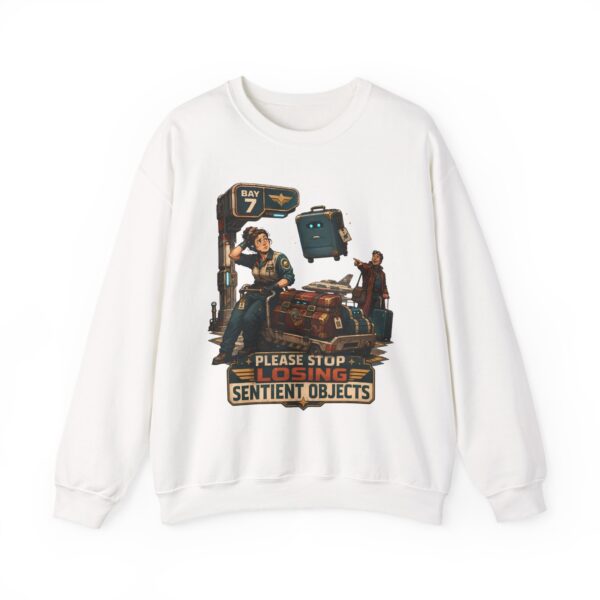 Please Stop Losing Sentient Objects Crewneck Sweatshirt — Retro Sci‑Fi Graphic