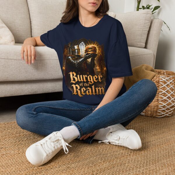 Burger of the Realm T-Shirt — Medieval Knight Holding Burger Graphic Tee