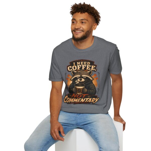 I Need Coffee Not Commentary Raccoon T-Shirt — Funny Coffee Lover Graphic Tee