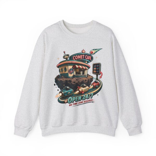Comet Café Crewneck Sweatshirt — Retro Space Diner “Open 24/7” Graphic
