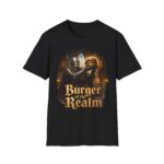 Burger of the Realm T-Shirt — Medieval Knight Holding Burger Graphic Tee