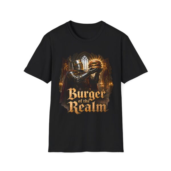 Burger of the Realm T-Shirt — Medieval Knight Holding Burger Graphic Tee