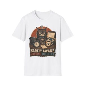 Barely Awake Office Cat T-Shirt — Funny Grumpy Cat Coffee Work Shirt