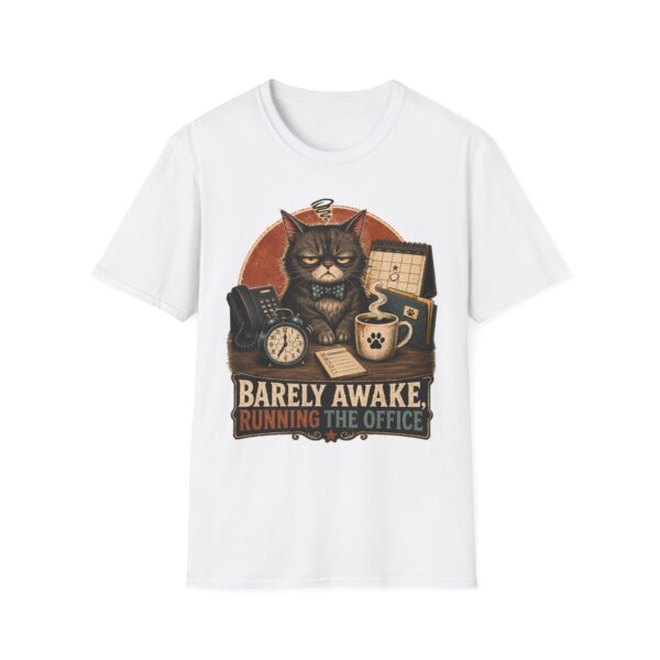 Barely Awake Office Cat T-Shirt — Funny Grumpy Cat Coffee Work Shirt
