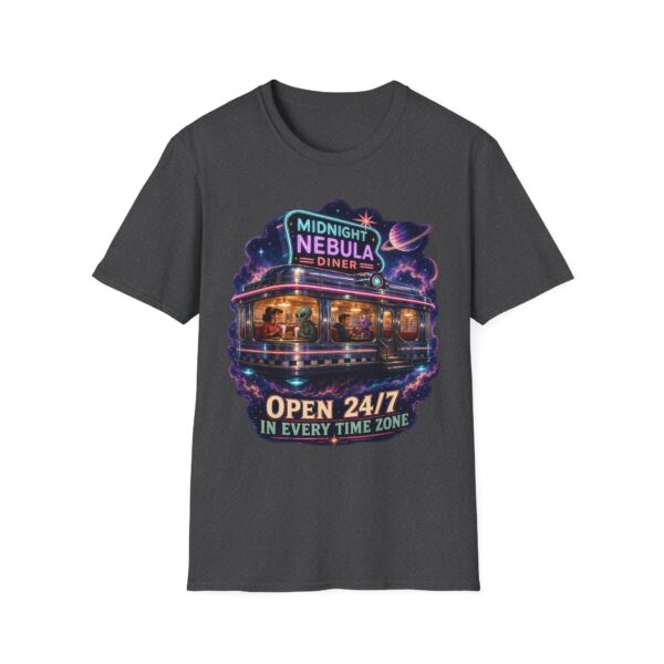 Midnight Nebula Diner T-Shirt — 'Open 24/7 in Every Time Zone' Retro Space Diner Tee