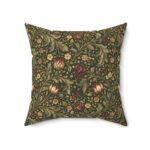 William Morris–Style Vintage Floral Pillow — Forest Green & Burgundy Botanical Cushion