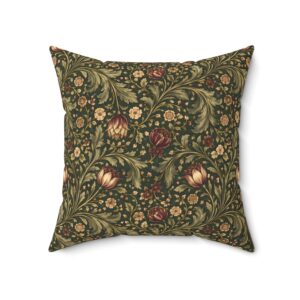 William Morris–Style Vintage Floral Pillow — Forest Green & Burgundy Botanical Cushion