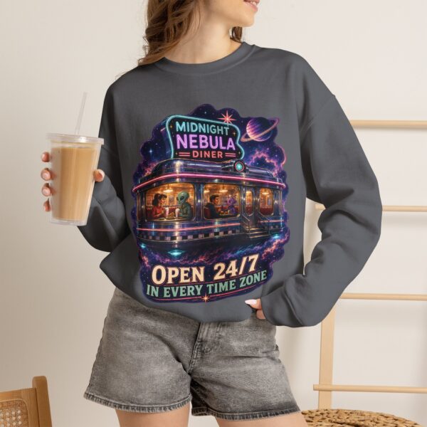 Midnight Nebula Diner Sweatshirt — "Open 24/7 in Every Time Zone"