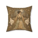 Moonlit Art Nouveau Guardian Pillow — Vintage Woman with White Foxes