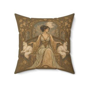 Moonlit Art Nouveau Guardian Pillow — Vintage Woman with White Foxes