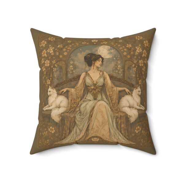 Moonlit Art Nouveau Guardian Pillow — Vintage Woman with White Foxes