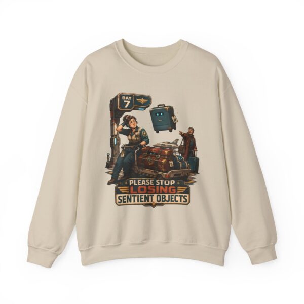 Please Stop Losing Sentient Objects Crewneck Sweatshirt — Retro Sci‑Fi Graphic