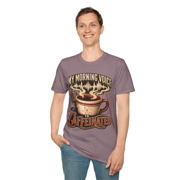 My Morning Voice Is Caffeinated T-Shirt — Coffee, Mic & Soundwave Vintage Tee