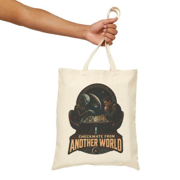 Checkmate From Another World Cotton Canvas Tote — Alien vs Human Chess Graphic