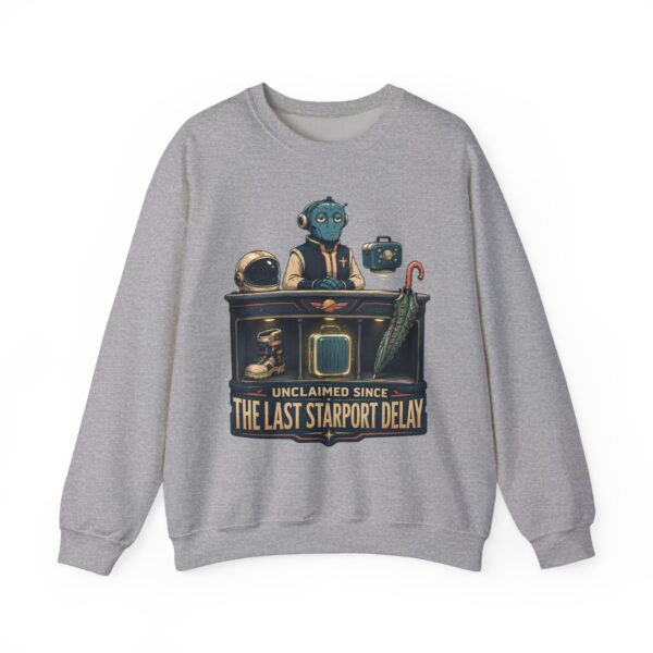 Crewneck Sweatshirt — "Unclaimed Since The Last Starport Delay" Alien Concierge Graphic