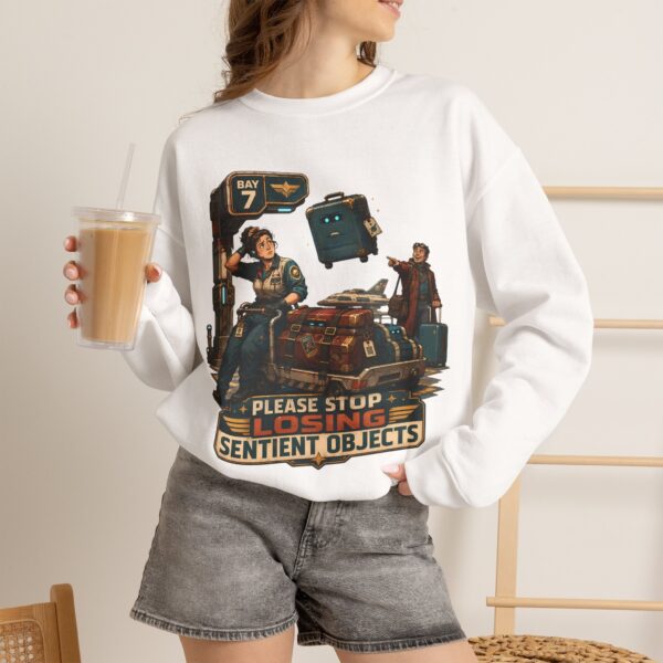 Please Stop Losing Sentient Objects Crewneck Sweatshirt — Retro Sci‑Fi Graphic