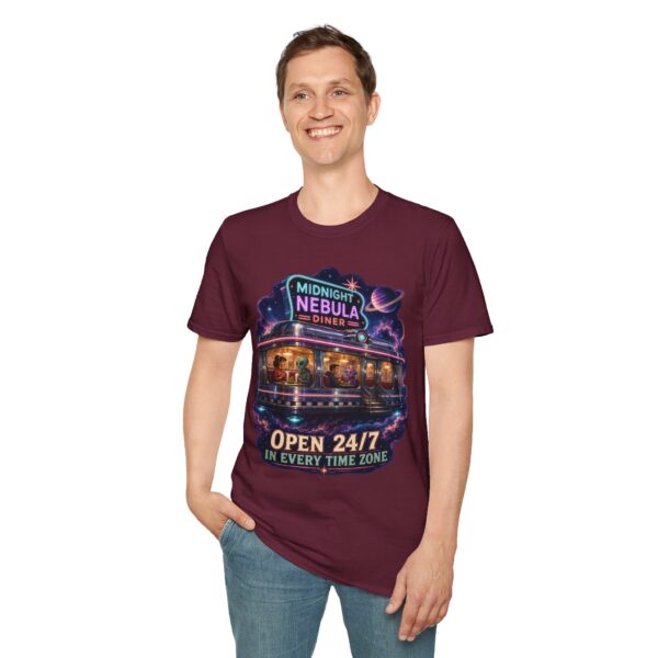 Midnight Nebula Diner T-Shirt — 'Open 24/7 in Every Time Zone' Retro Space Diner Tee