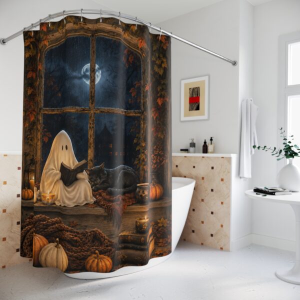 Halloween Ghost Shower Curtain — Cozy Spooky Night Bath Decor