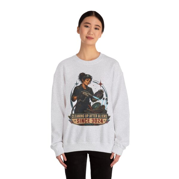 Crewneck Sweatshirt — "Cleaning Up After Aliens Since 3024" Retro Sci‑Fi Crew