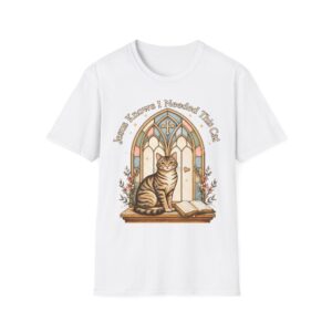 Cat Prayer T-Shirt — "Jesus Knows I Needed This Cat" Vintage Stained-Glass Design