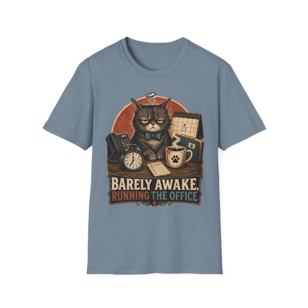 Barely Awake Office Cat T-Shirt — Funny Grumpy Cat Coffee Work Shirt