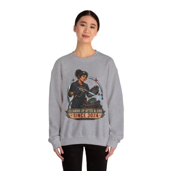 Crewneck Sweatshirt — "Cleaning Up After Aliens Since 3024" Retro Sci‑Fi Crew