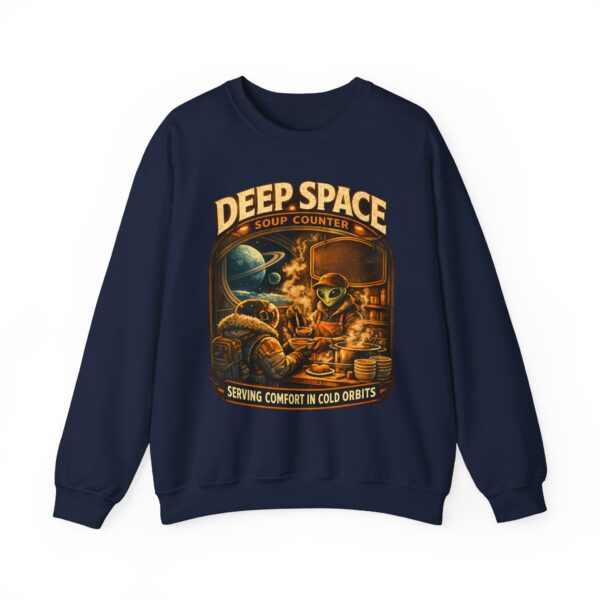 Deep Space Soup Counter Crewneck Sweatshirt — Retro Sci‑Fi Diner Graphic ("Serving Comfort in Cold Orbits")