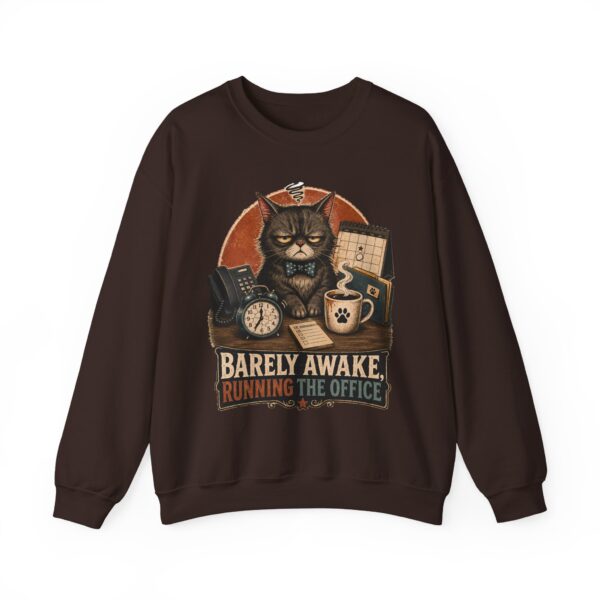 Cat Office Sweatshirt — "Barely Awake, Running the Office" Cozy Crewneck
