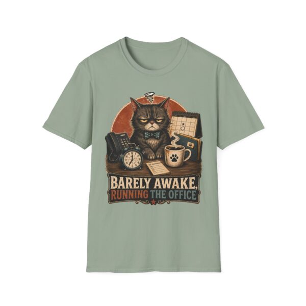 Barely Awake Office Cat T-Shirt — Funny Grumpy Cat Coffee Work Shirt