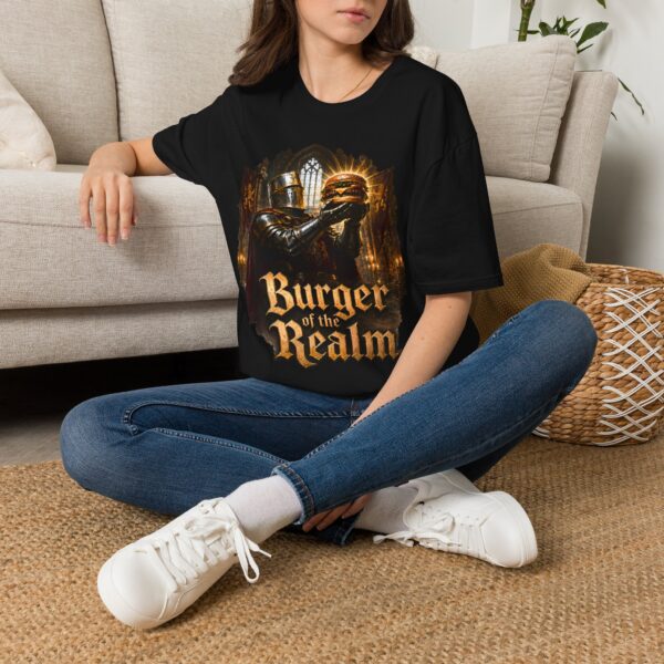 Burger of the Realm T-Shirt — Medieval Knight Holding Burger Graphic Tee