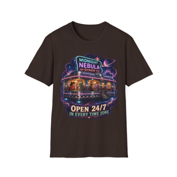 Midnight Nebula Diner T-Shirt — 'Open 24/7 in Every Time Zone' Retro Space Diner Tee