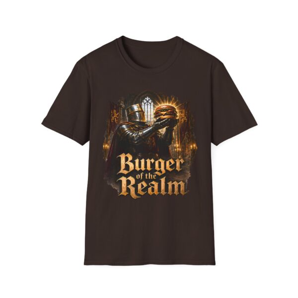Burger of the Realm T-Shirt — Medieval Knight Holding Burger Graphic Tee