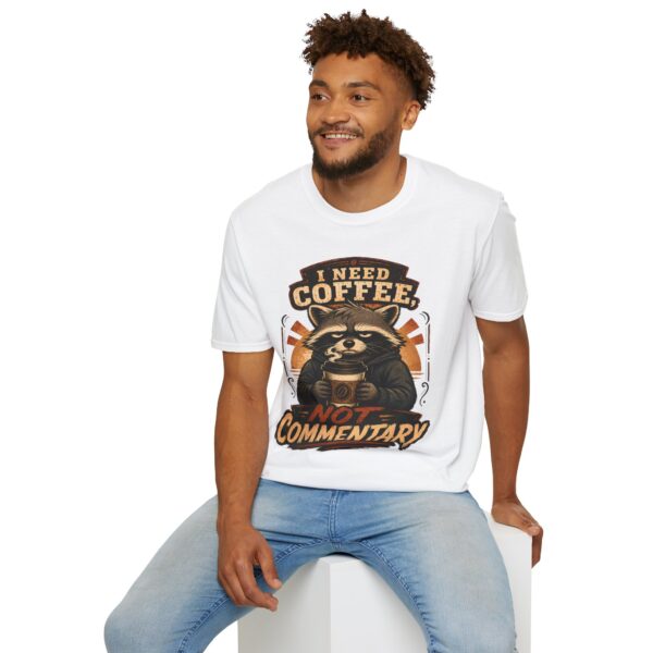 I Need Coffee Not Commentary Raccoon T-Shirt — Funny Coffee Lover Graphic Tee