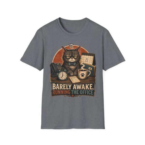 Barely Awake Office Cat T-Shirt — Funny Grumpy Cat Coffee Work Shirt