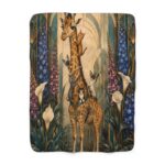 Giraffe & Cats Sherpa Blanket — Art Nouveau Floral Cozy Throw