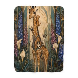 Giraffe & Cats Sherpa Blanket — Art Nouveau Floral Cozy Throw