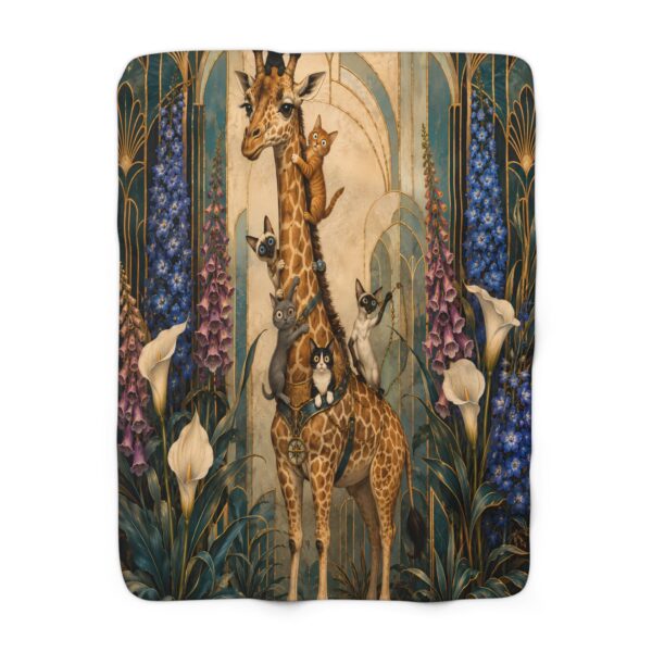 Giraffe & Cats Sherpa Blanket — Art Nouveau Floral Cozy Throw