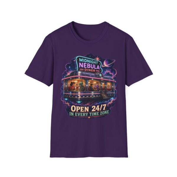 Midnight Nebula Diner T-Shirt — 'Open 24/7 in Every Time Zone' Retro Space Diner Tee