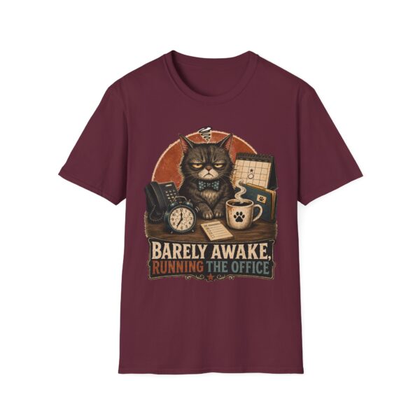 Barely Awake Office Cat T-Shirt — Funny Grumpy Cat Coffee Work Shirt