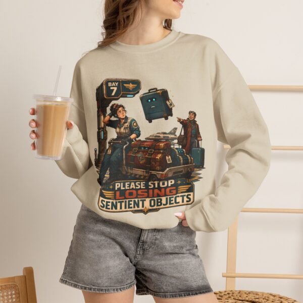 Please Stop Losing Sentient Objects Crewneck Sweatshirt — Retro Sci‑Fi Graphic